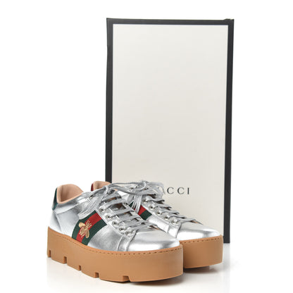 Gucci Metallic Nappa Web Bee Embroidered Womens Ace Platform Sneakers 36 Argento Red Flame 8 of 8