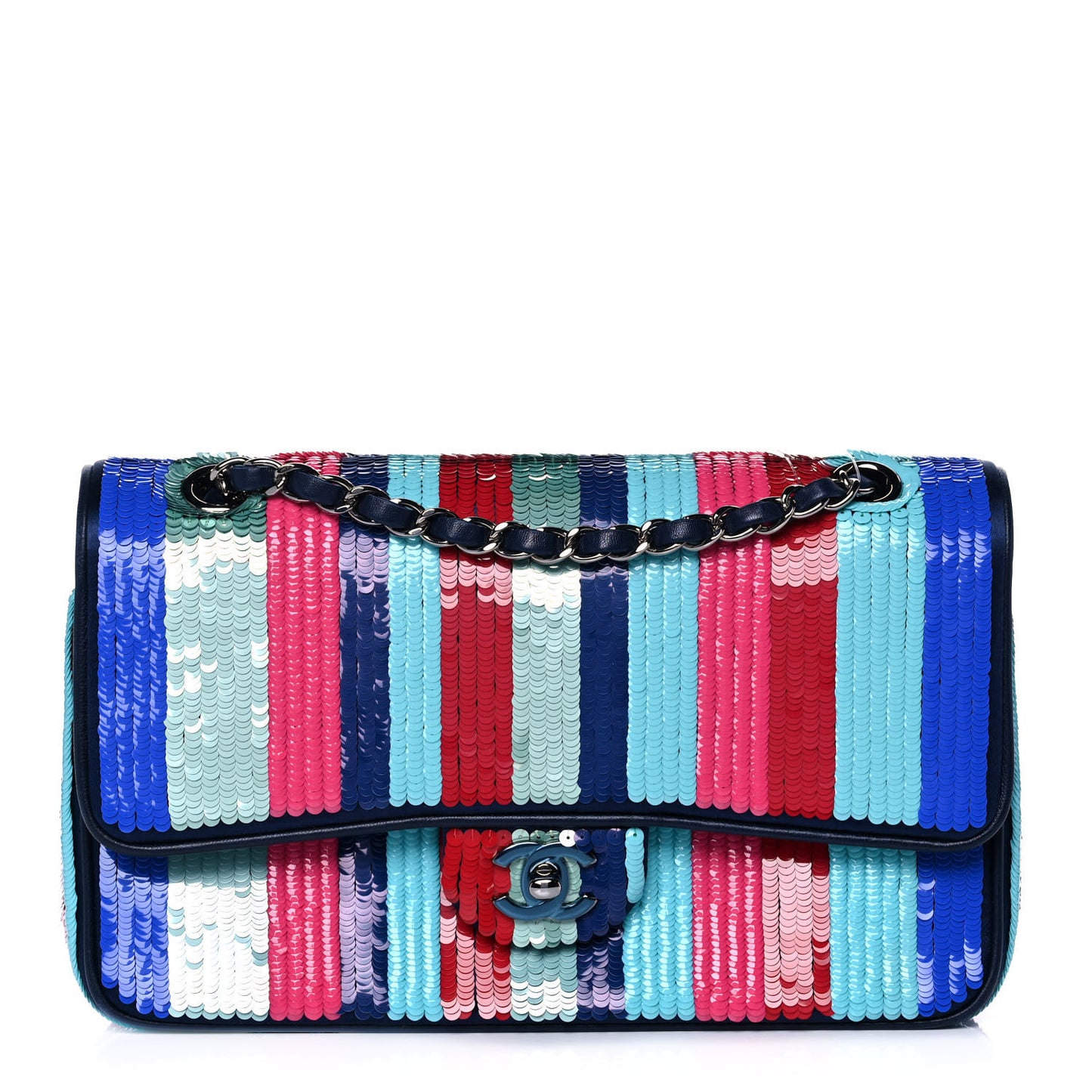 Sequin Lambskin Striped Medium Double Flap Blue Green Pink Red