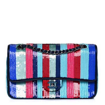 Chanel Sequin Lambskin Striped Medium Double Flap Blue Green Pink Red 1 of 12