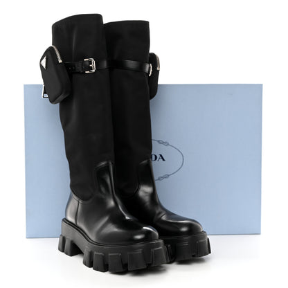 Prada Spazzolato Rois Re-Nylon Metal Triangle Logo Monolith Pouch Pocket 55mm Tall Boots 41 Black 9 of 9