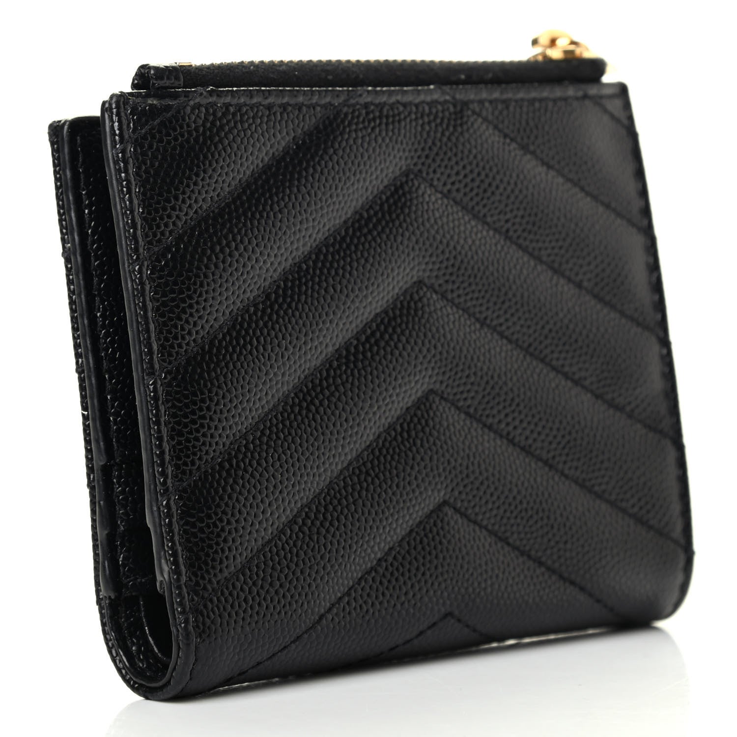 Saint Laurent Grain De Poudre Matelasse Chevron Monogram Zipped Card Case Black 3 of 8