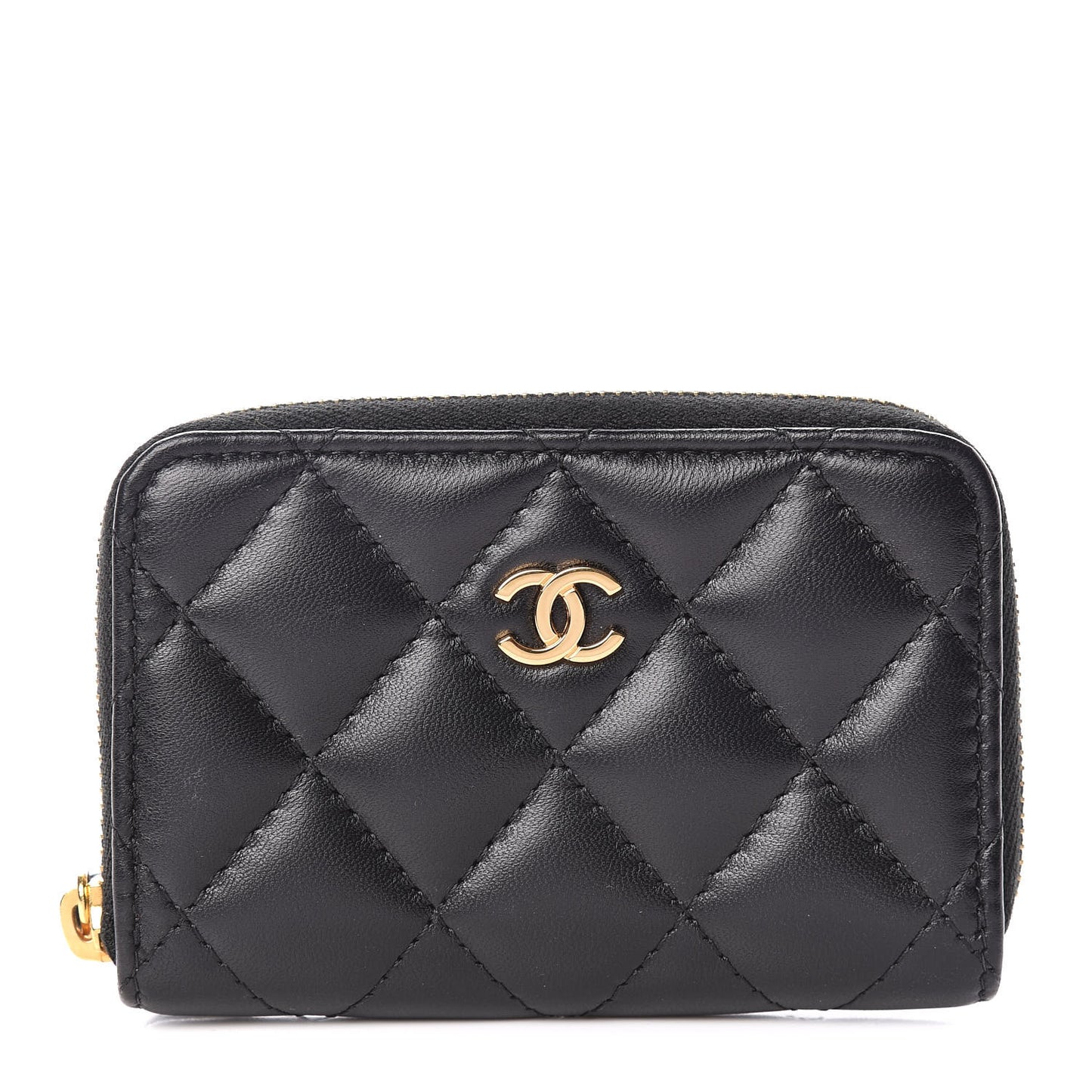 Lambskin Quilted Zip Around Coin Purse Wallet Black