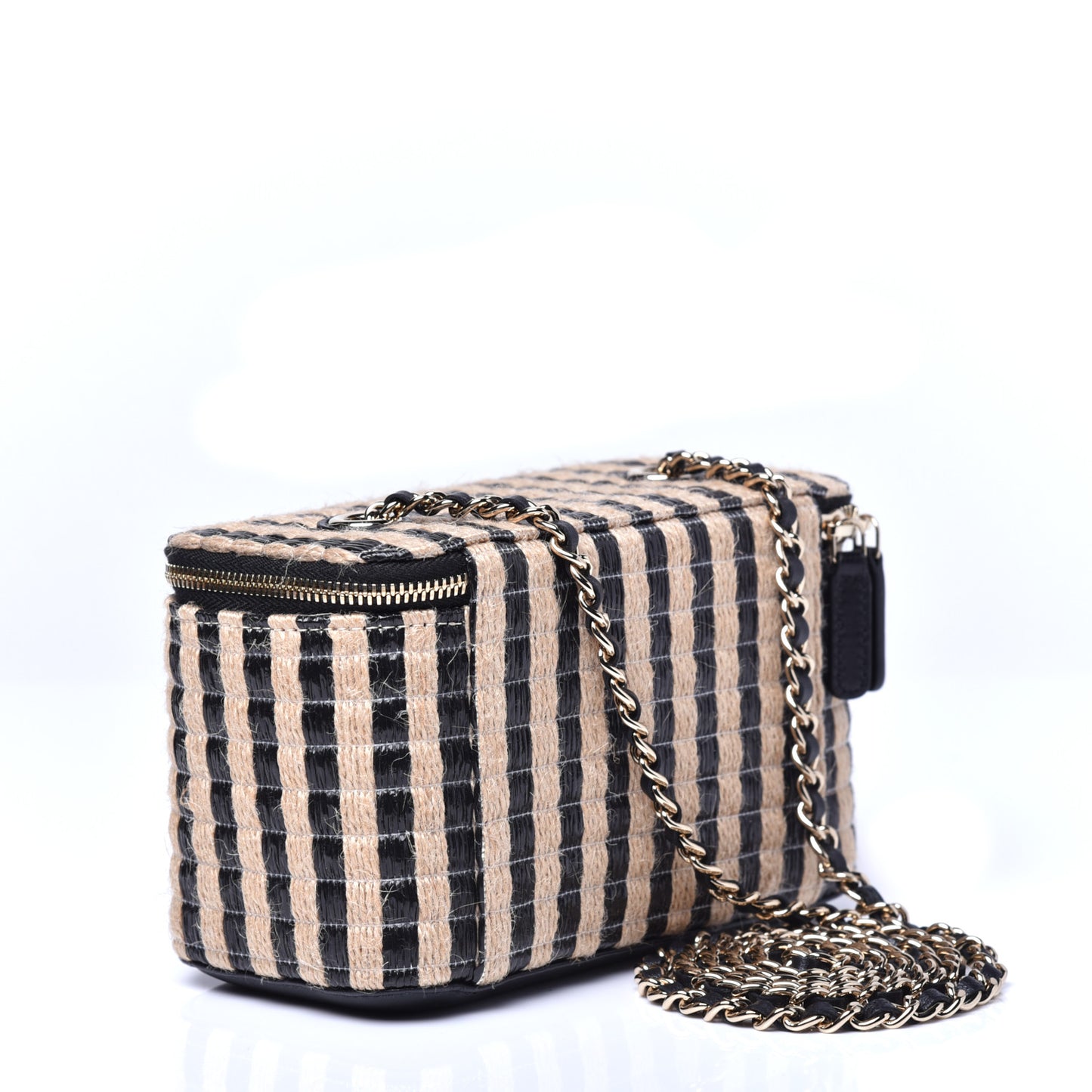 Raffia Jute Striped Small Vanity Case With Chain Black Beige