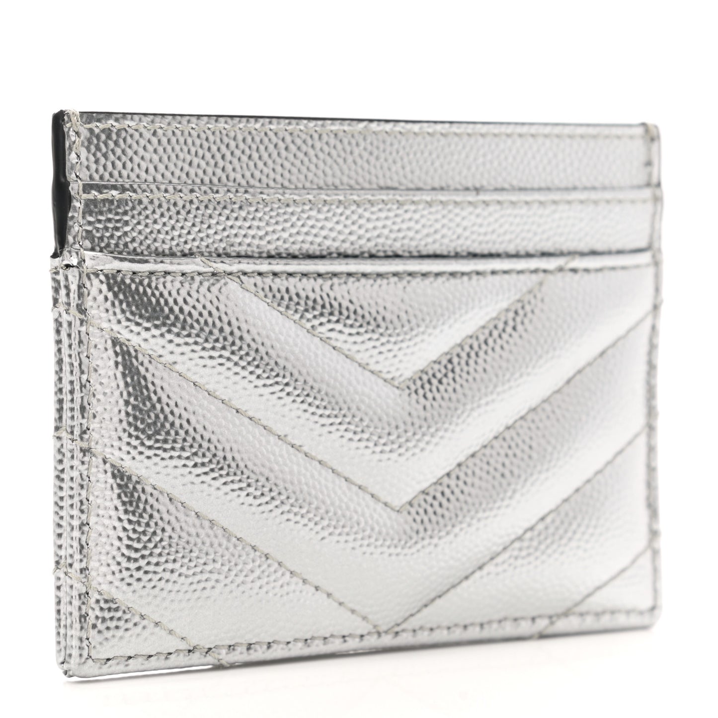 Metallic Grain De Poudre Matelasse Chevron Monogram Credit Card Case Argento
