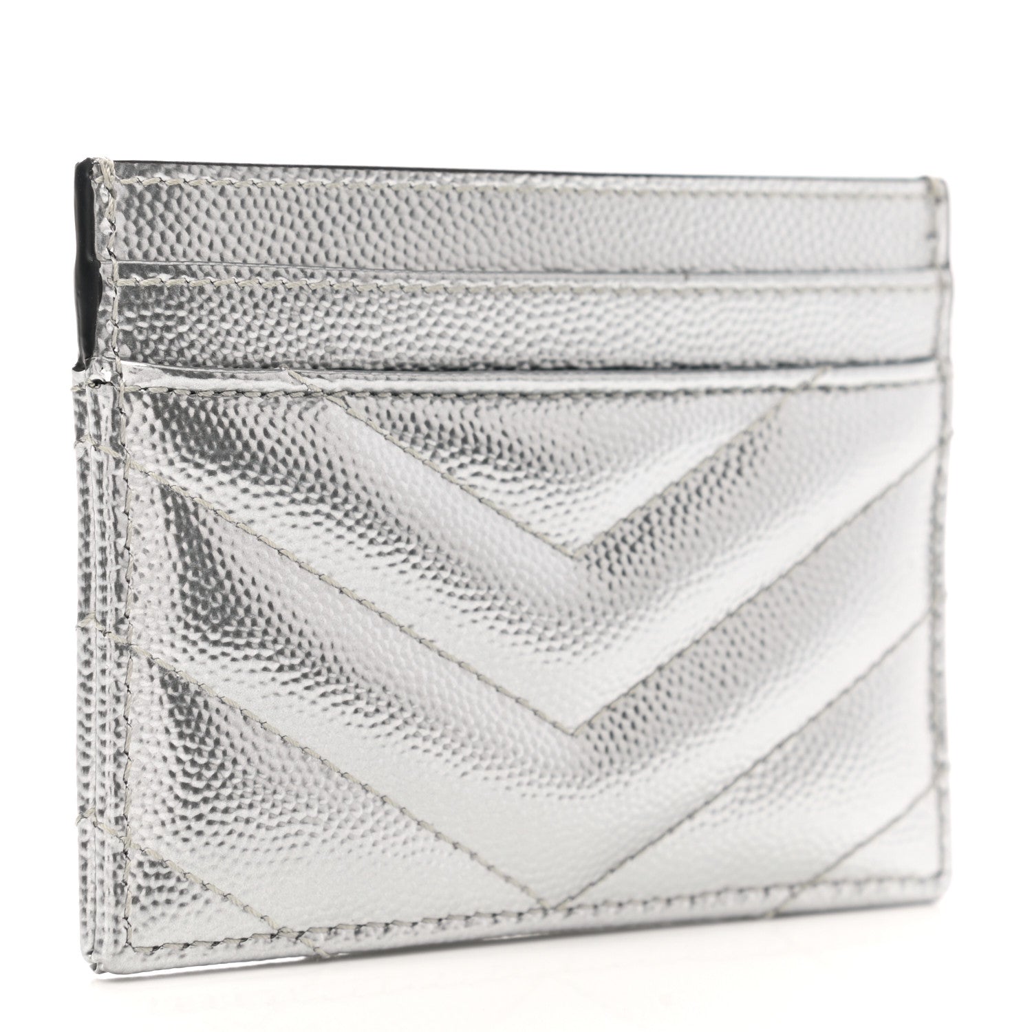 Saint Laurent Metallic Grain De Poudre Matelasse Chevron Monogram Credit Card Case Argento 3 of 7