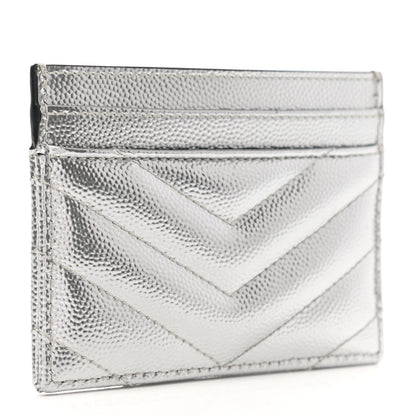 Saint Laurent Metallic Grain De Poudre Matelasse Chevron Monogram Credit Card Case Argento 3 of 7