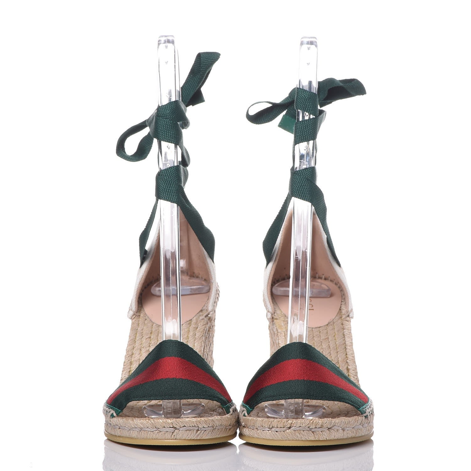 Gucci Canvas Malaga Kid Web Ankle Wrap Espadrille Wedge Sandals 36.5 Green Red Mystic White Emerald 2 of 13