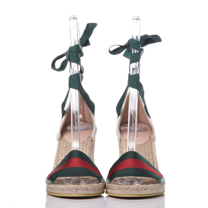 Gucci Canvas Malaga Kid Web Ankle Wrap Espadrille Wedge Sandals 36.5 Green Red Mystic White Emerald 2 of 13
