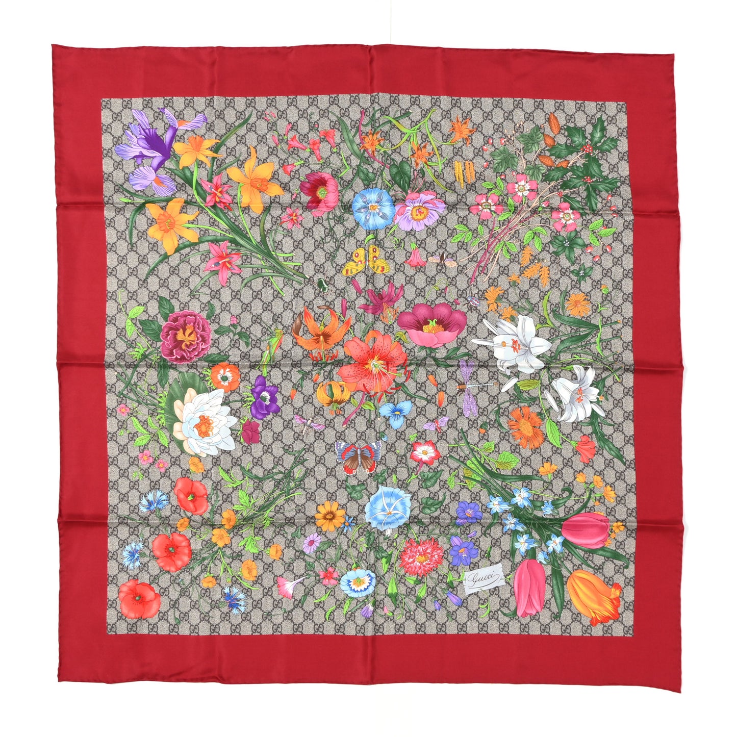 Silk Twill GG Monogram Special Florio Square Scarf Beige Red