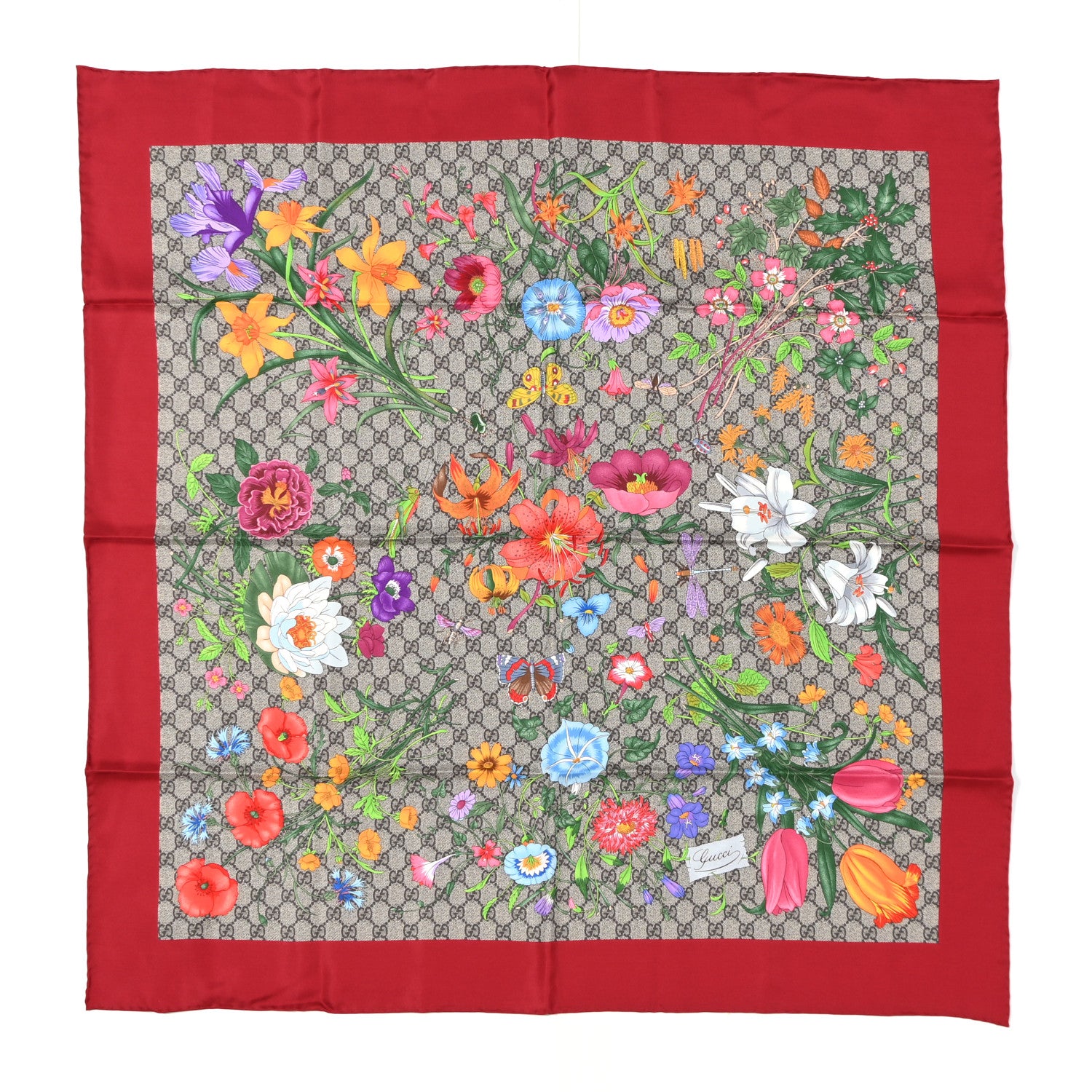 Gucci Silk Twill GG Monogram Special Florio Square Scarf Beige Red 1 of 24