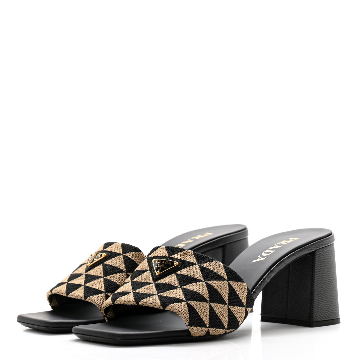 Jacquard Trianglolo Symbole Embroidered Metal Triangle Logo 65mm Block Heel Slide Sandals 39 Black Beige