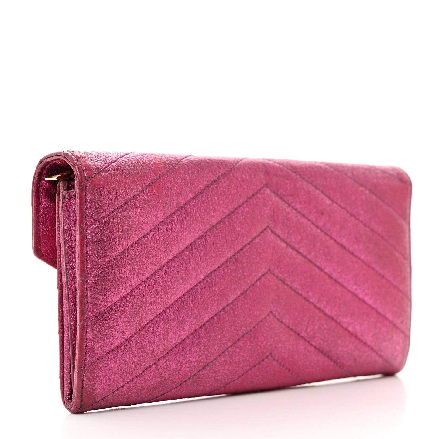 Metallic Crackled Calfskin Matelasse Chevron Monogram Flap Wallet Fuchsia