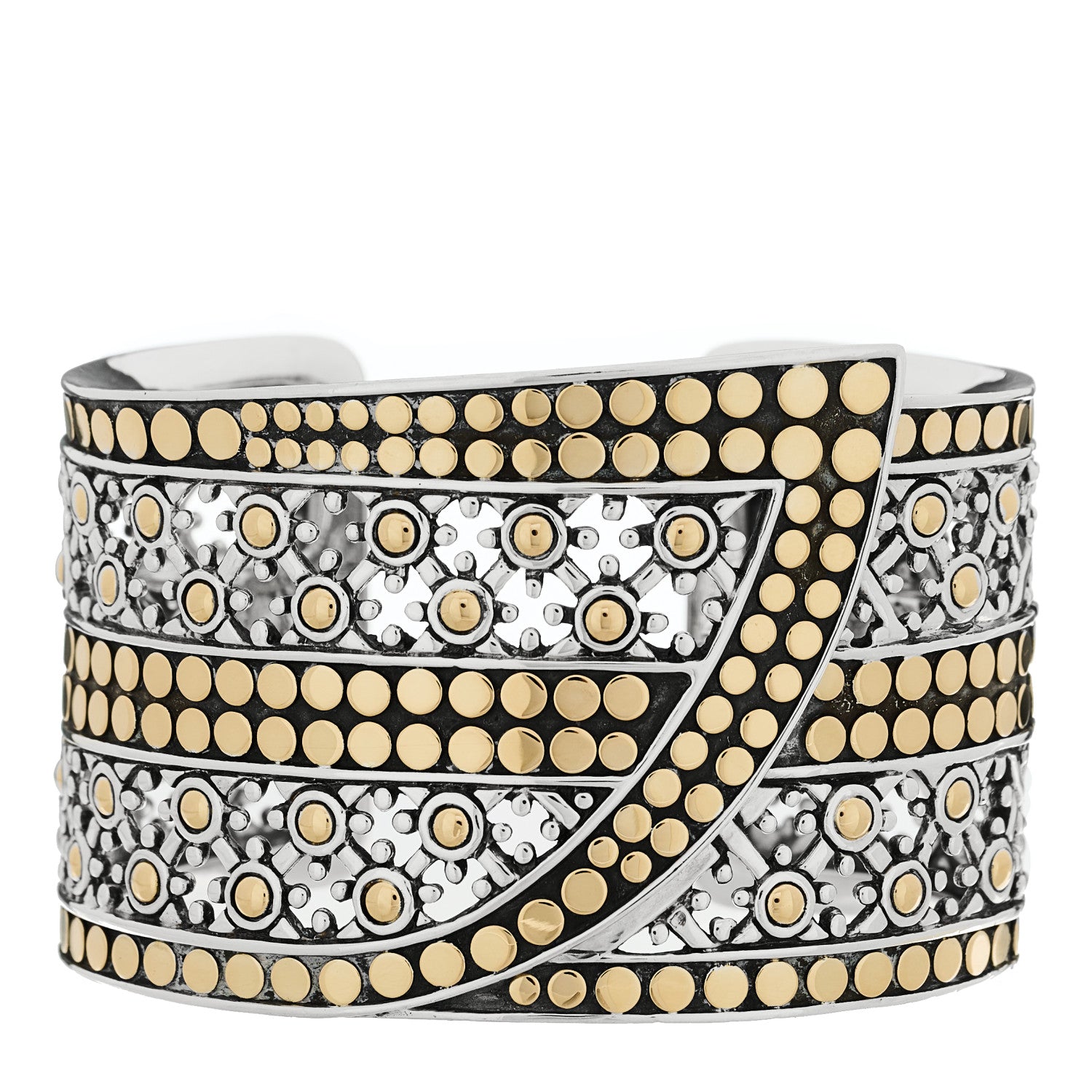 John Hardy Sterling Silver 18K Yellow Gold Wide Jaisalmer Dot Kick Cuff Bracelet 1 of 3