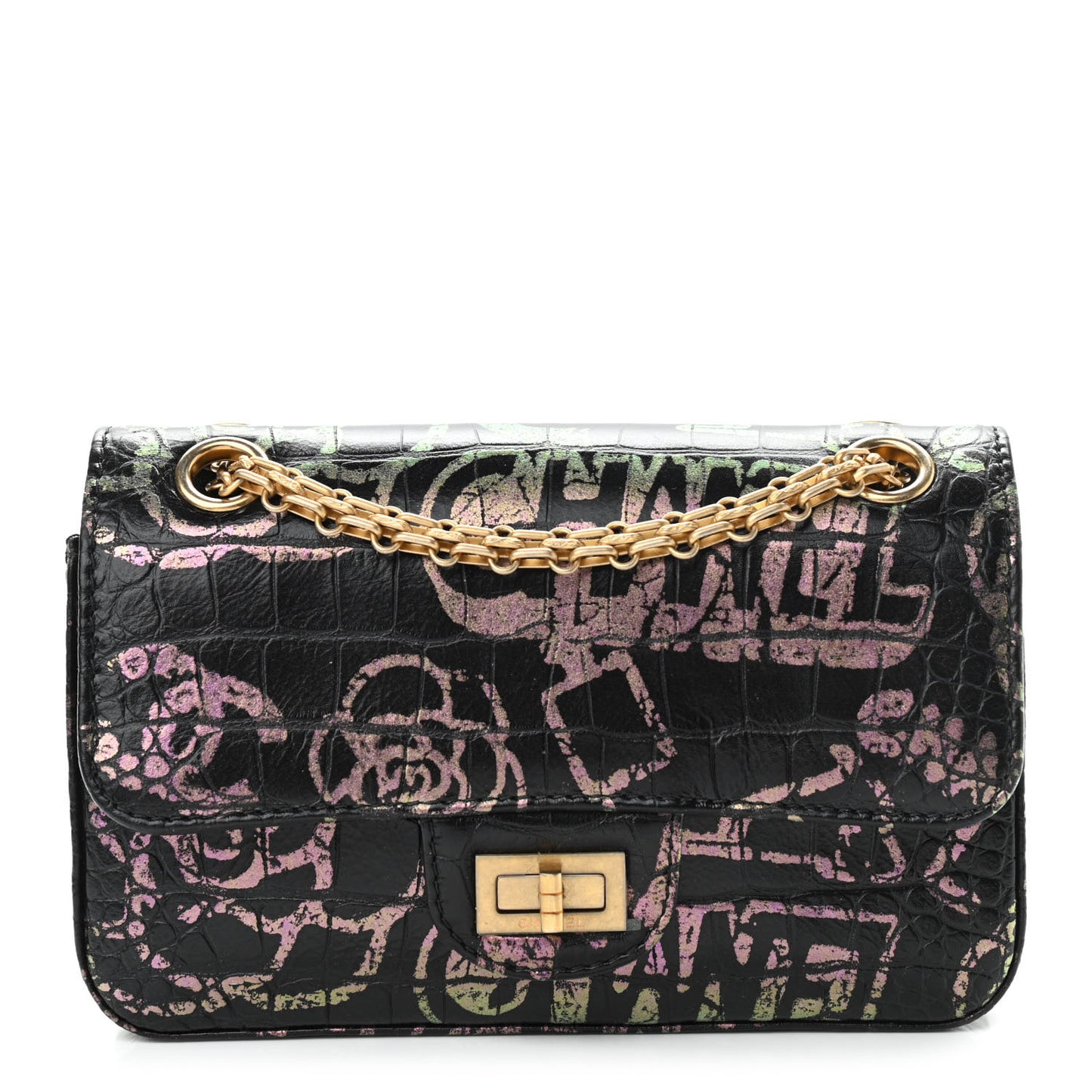 Calfskin Crocodile Embossed Graffiti 2.55 Mini Cocodile Reissue Flap Black Pink