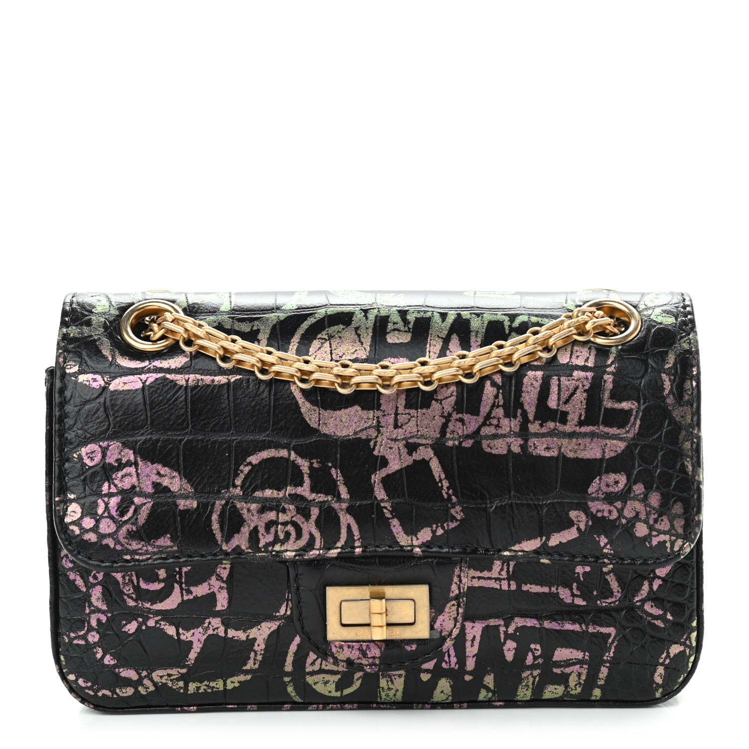 Chanel Calfskin Crocodile Embossed Graffiti 2.55 Mini Cocodile Reissue Flap Black Pink 1 of 11