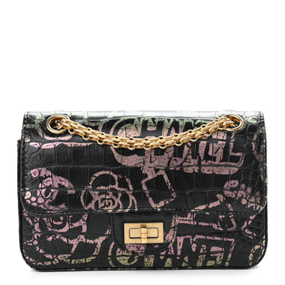 Chanel Calfskin Crocodile Embossed Graffiti 2.55 Mini Cocodile Reissue Flap Black Pink 1 of 11