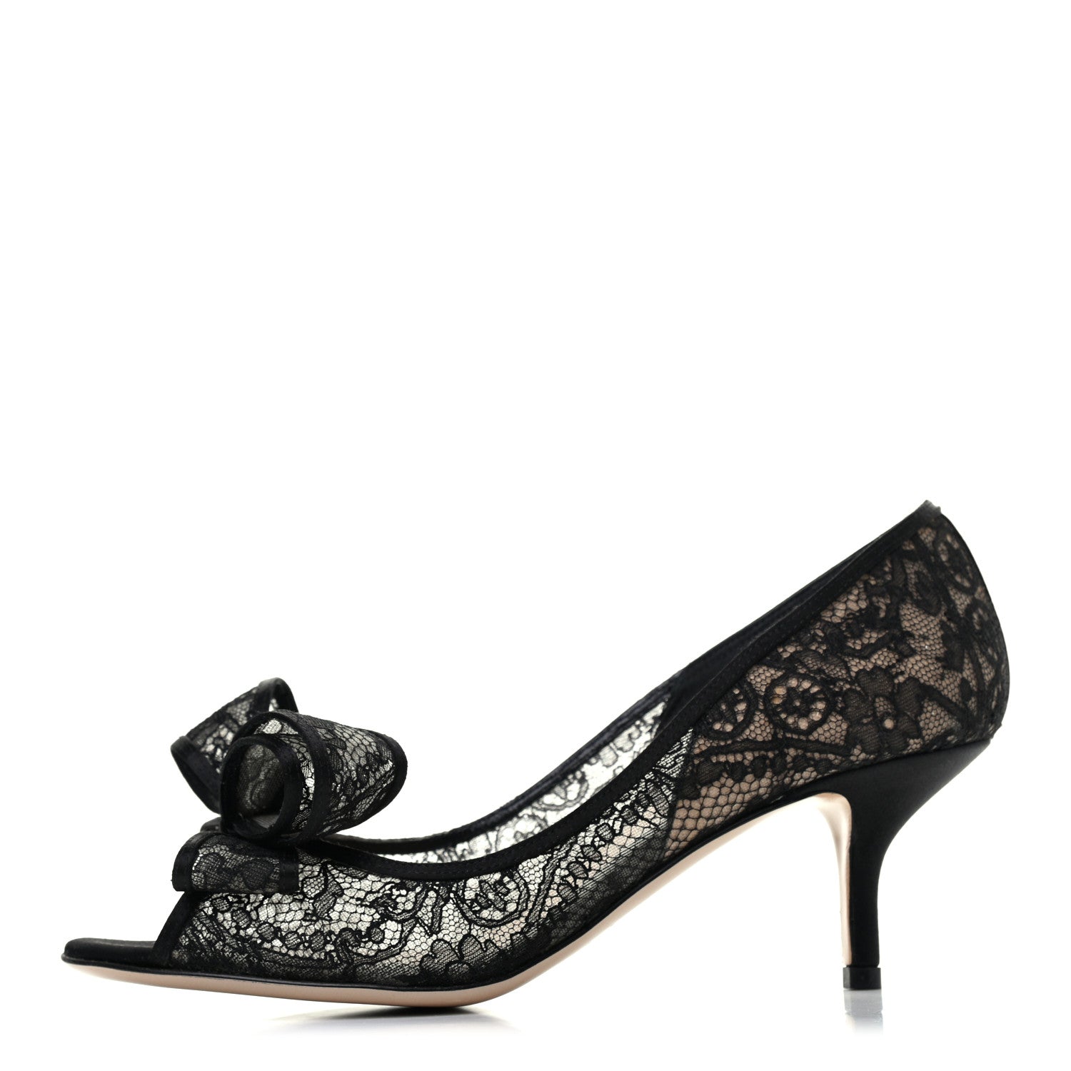 Valentino Garavani Satin Lace Couture Bow Peep Toe Low Heel Pumps 38.5 Black 1 of 7