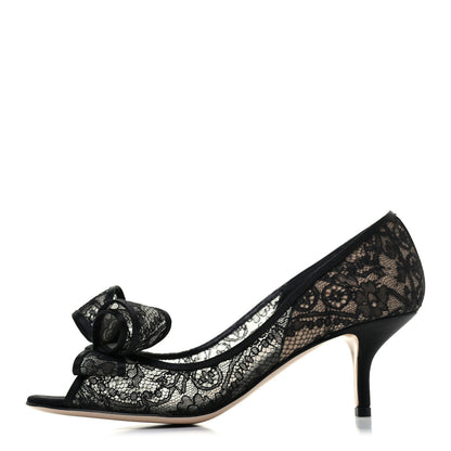 Valentino Garavani Satin Lace Couture Bow Peep Toe Low Heel Pumps 38.5 Black 1 of 7