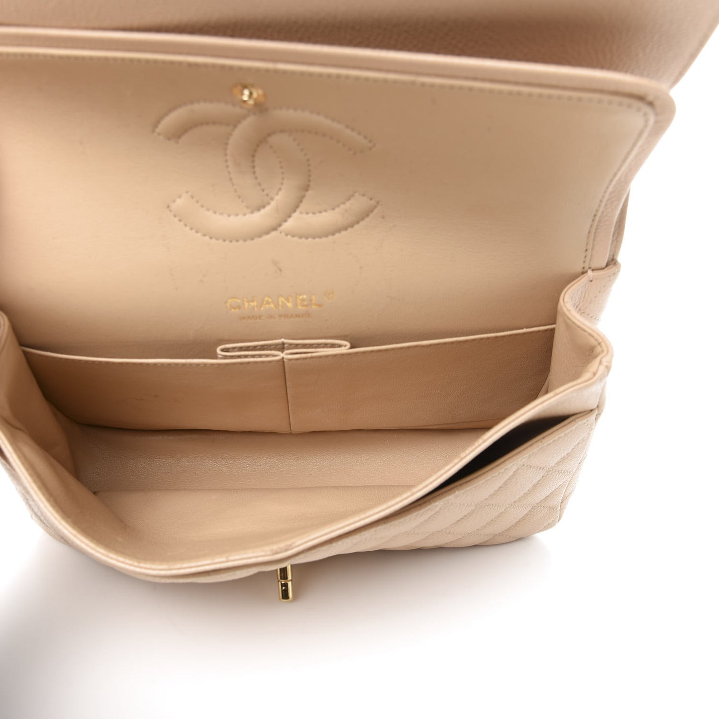 Caviar Quilted Medium Double Flap Beige Clair