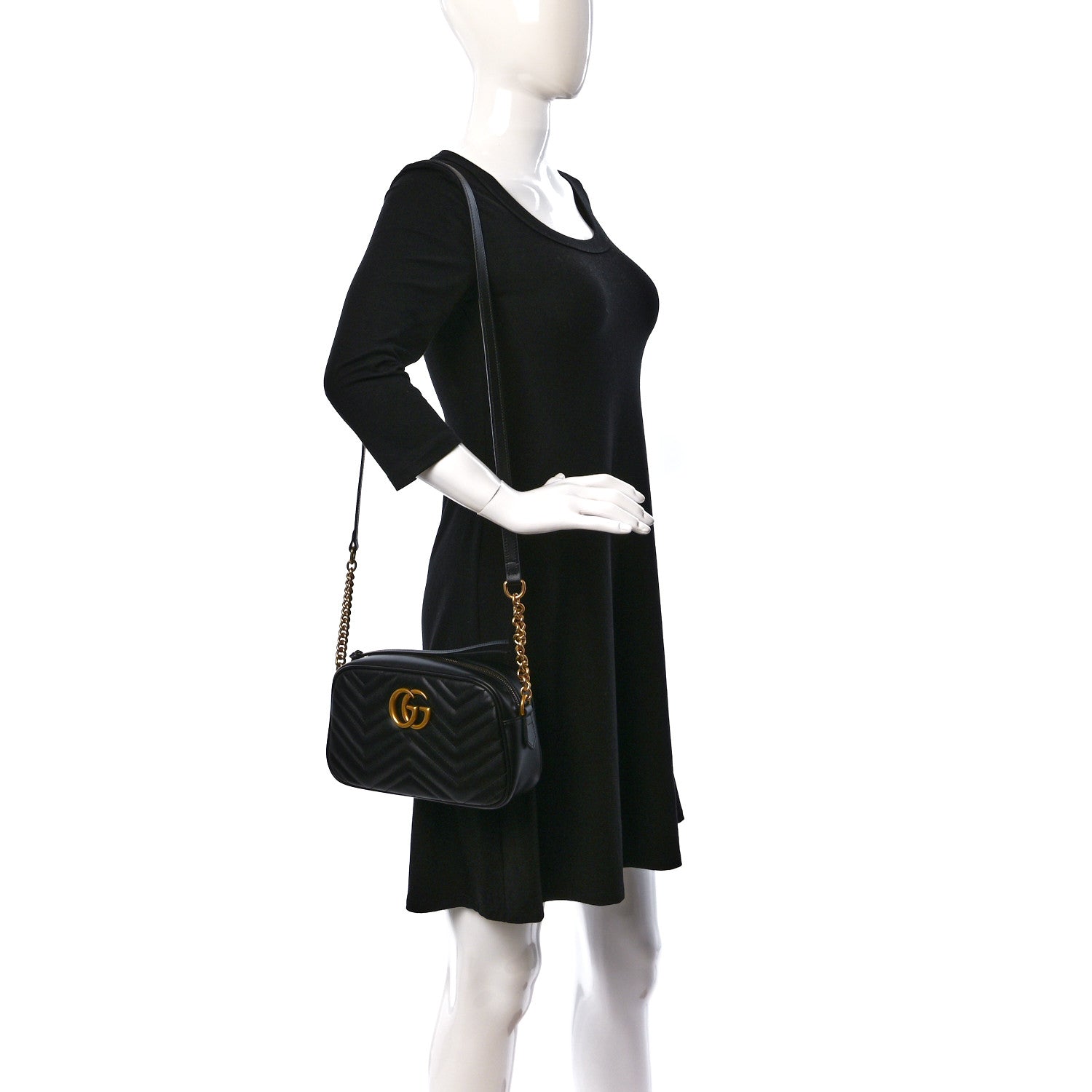Gucci Calfskin Matelasse Small GG Marmont Chain Shoulder Bag Black 3 of 10