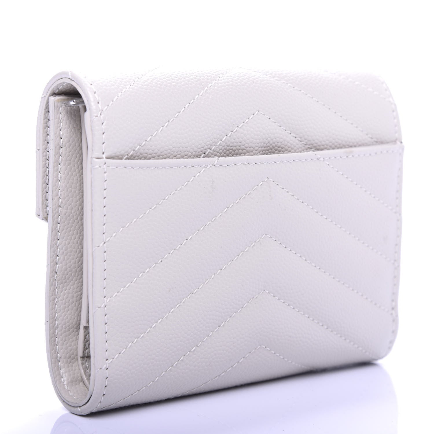 Saint Laurent Grain De Poudre Matelasse Chevron Monogram Compact Tri Fold Wallet Crema Soft 3 of 7