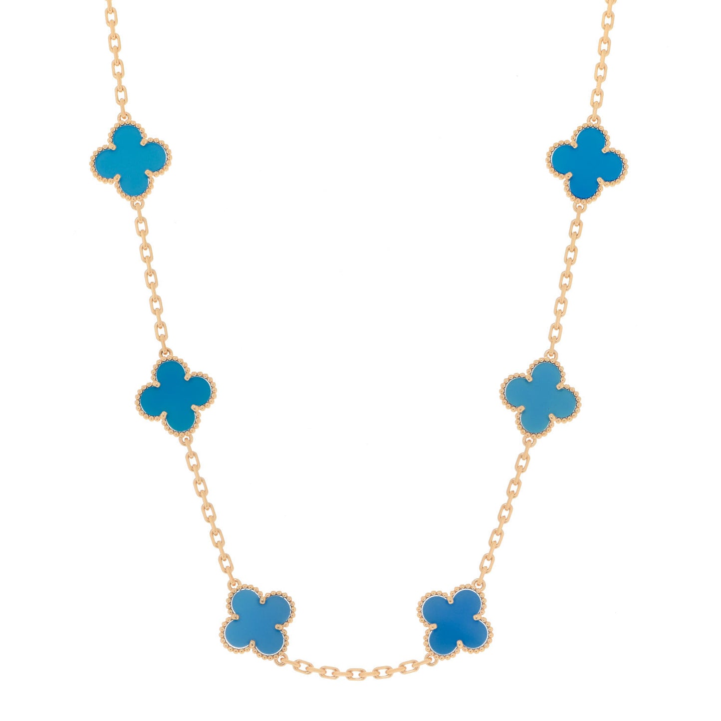 18K Yellow Gold Blue Agate 10 Motifs Vintage Alhambra Necklace