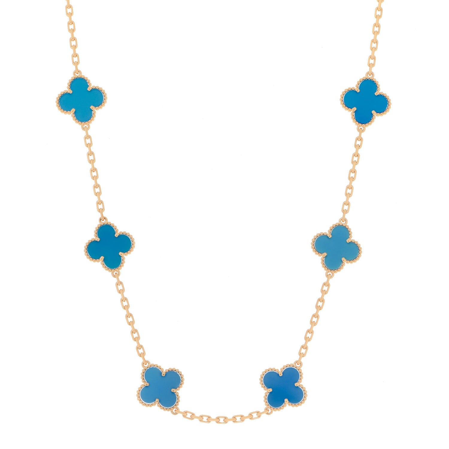 Van Cleef & Arpels 18K Yellow Gold Blue Agate 10 Motifs Vintage Alhambra Necklace 1 of 7