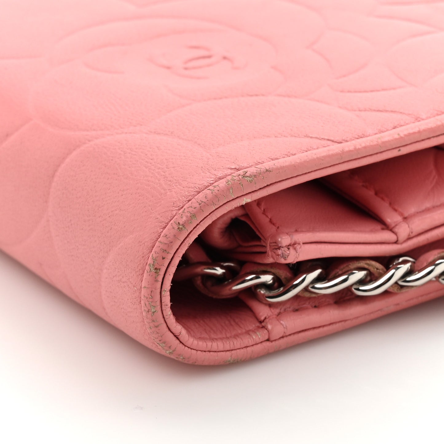 Lambskin Camellia Embossed Wallet on Chain WOC Pink
