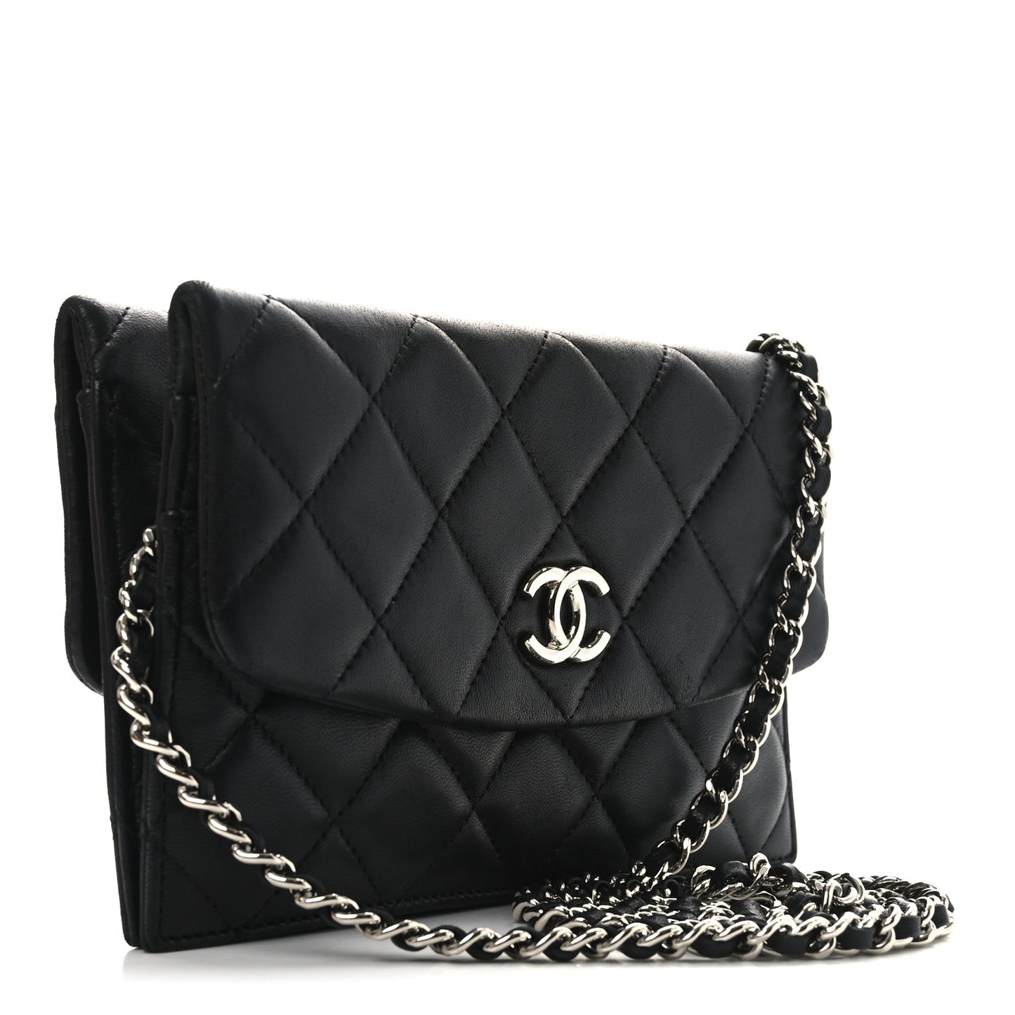 Lambskin Quilted Double Sided Wallet On Chain WOC Black