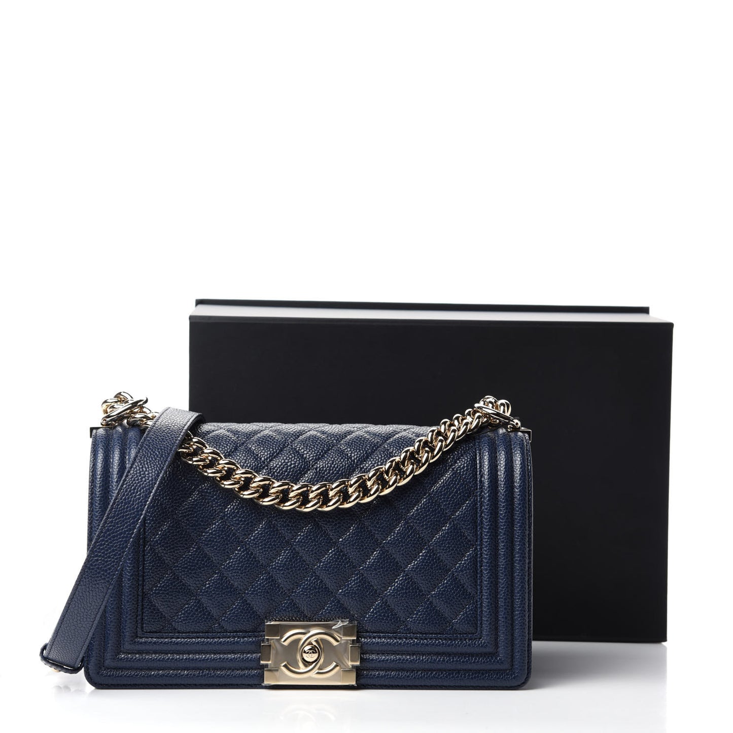Caviar Quilted Medium Boy Flap Dark Blue