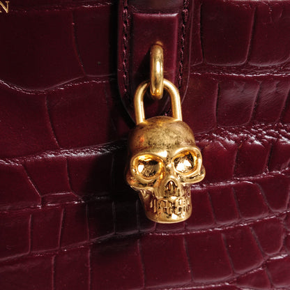 Alexander McQueen Calfskin Crocodile Embossed Small Skull Padlock Zip Around Tote Bordeaux 5 of 9