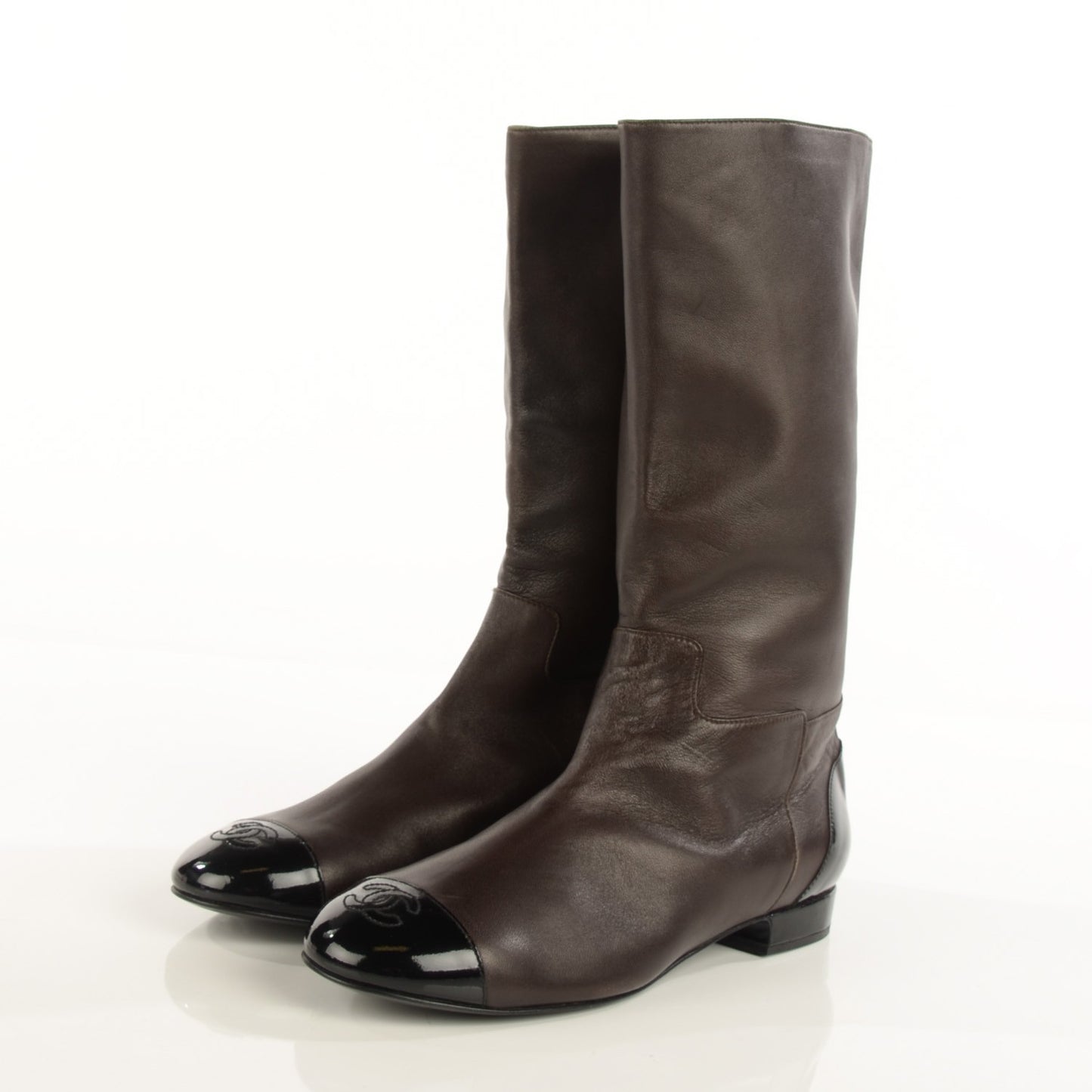 Lambskin Patent Cap Toe CC High Boots 38 Brown
