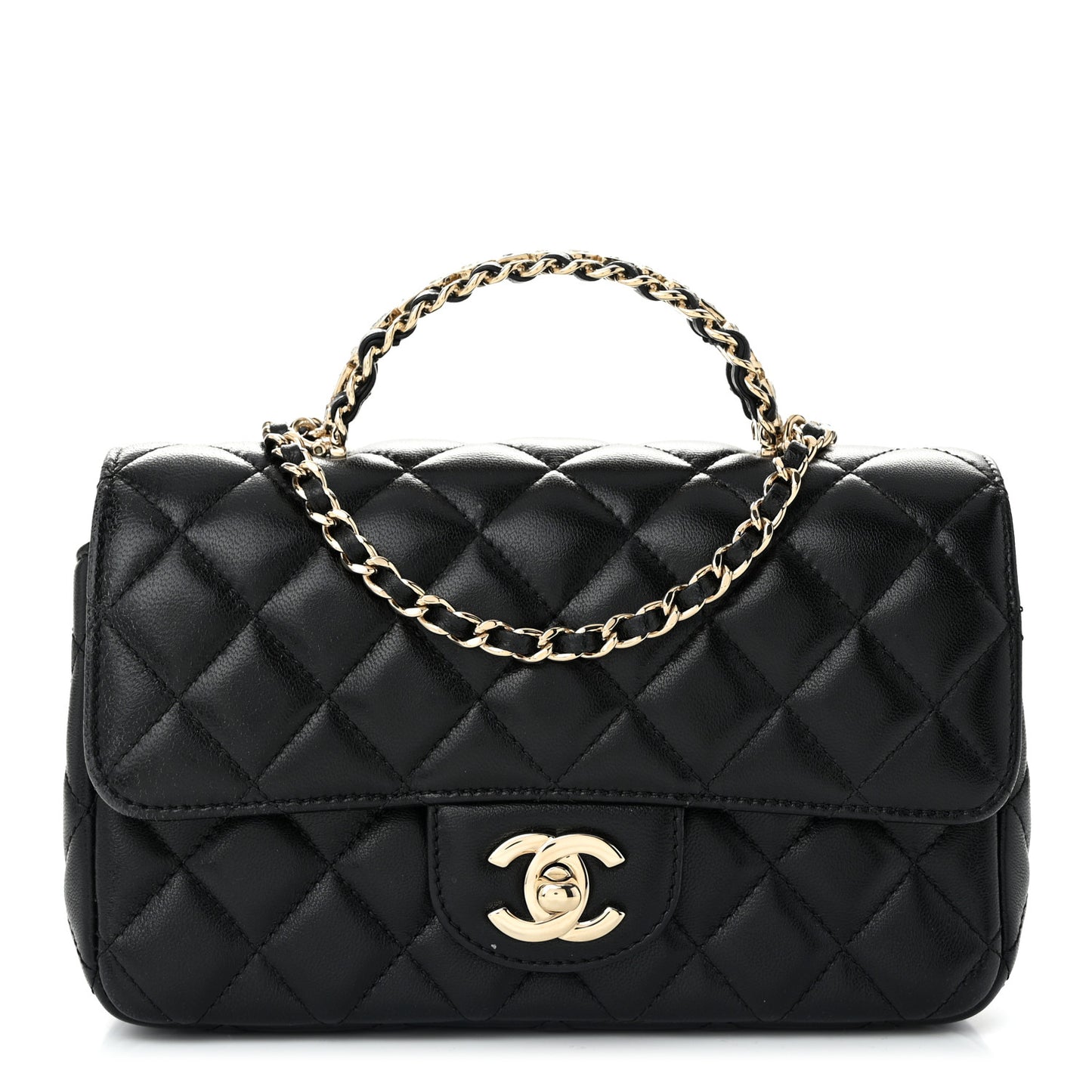 Lambskin Quilted Mini Crystal Top Handle Rectangular Flap Black