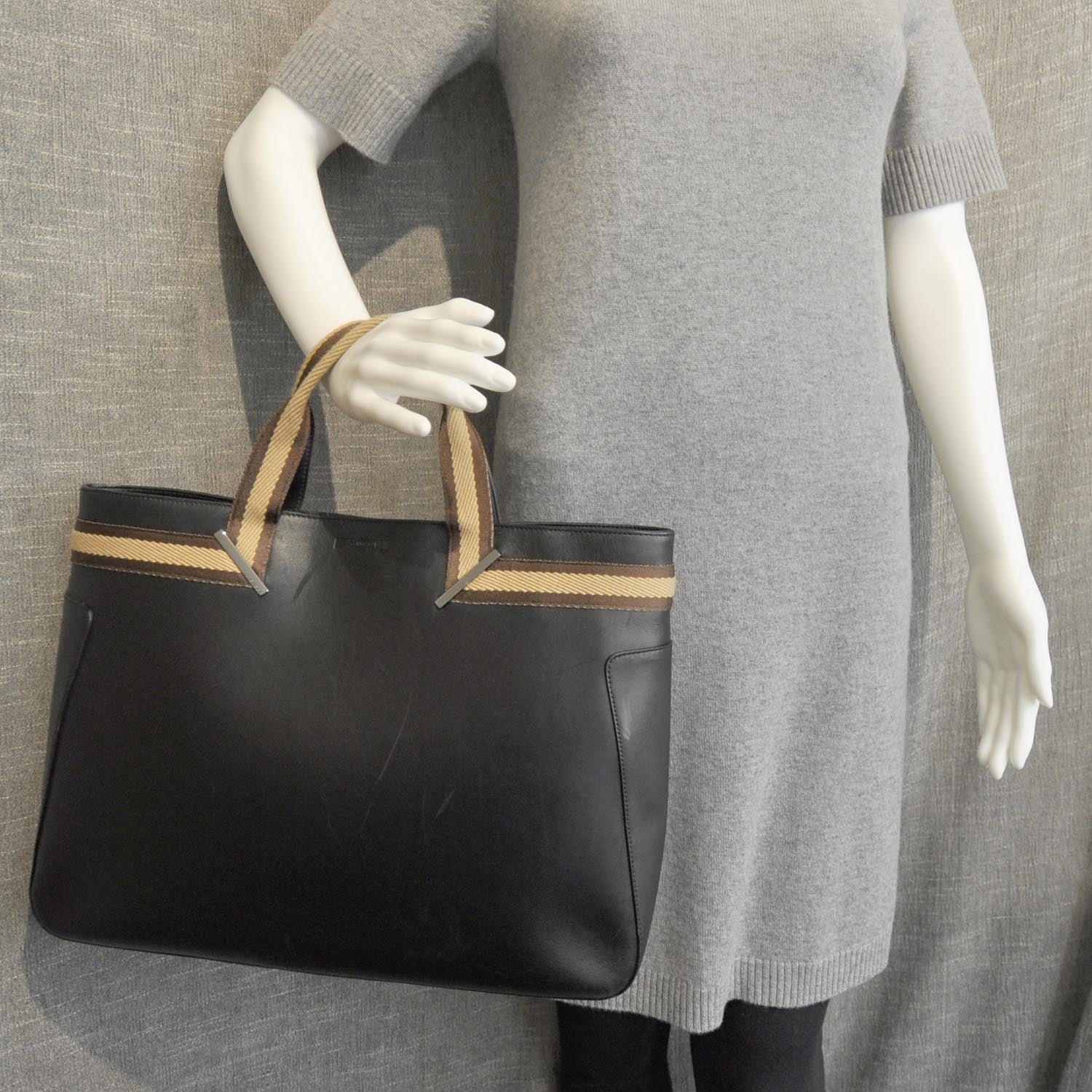 Gucci Smooth Leather Web Handles Tote Black 3 of 11