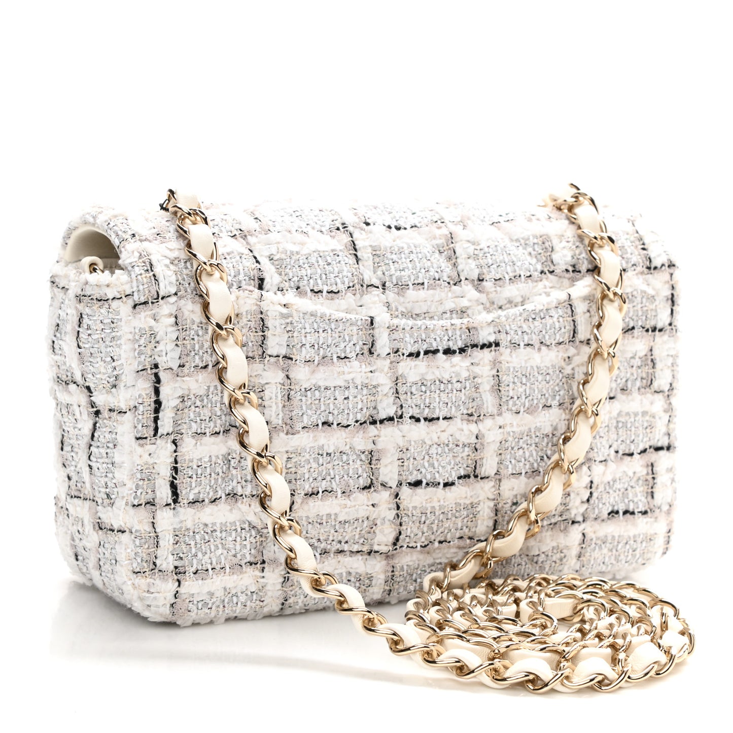 Tweed Quilted Mini Rectangular Flap White Grey