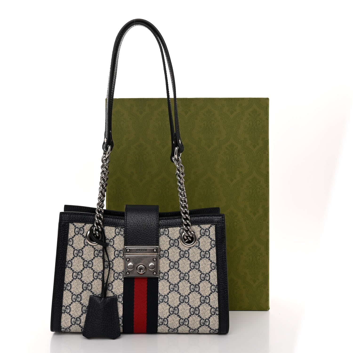Gucci GG Supreme Monogram Textured Dollar Calfskin Web Small Padlock Tote Bag Beige Blue 8 of 10