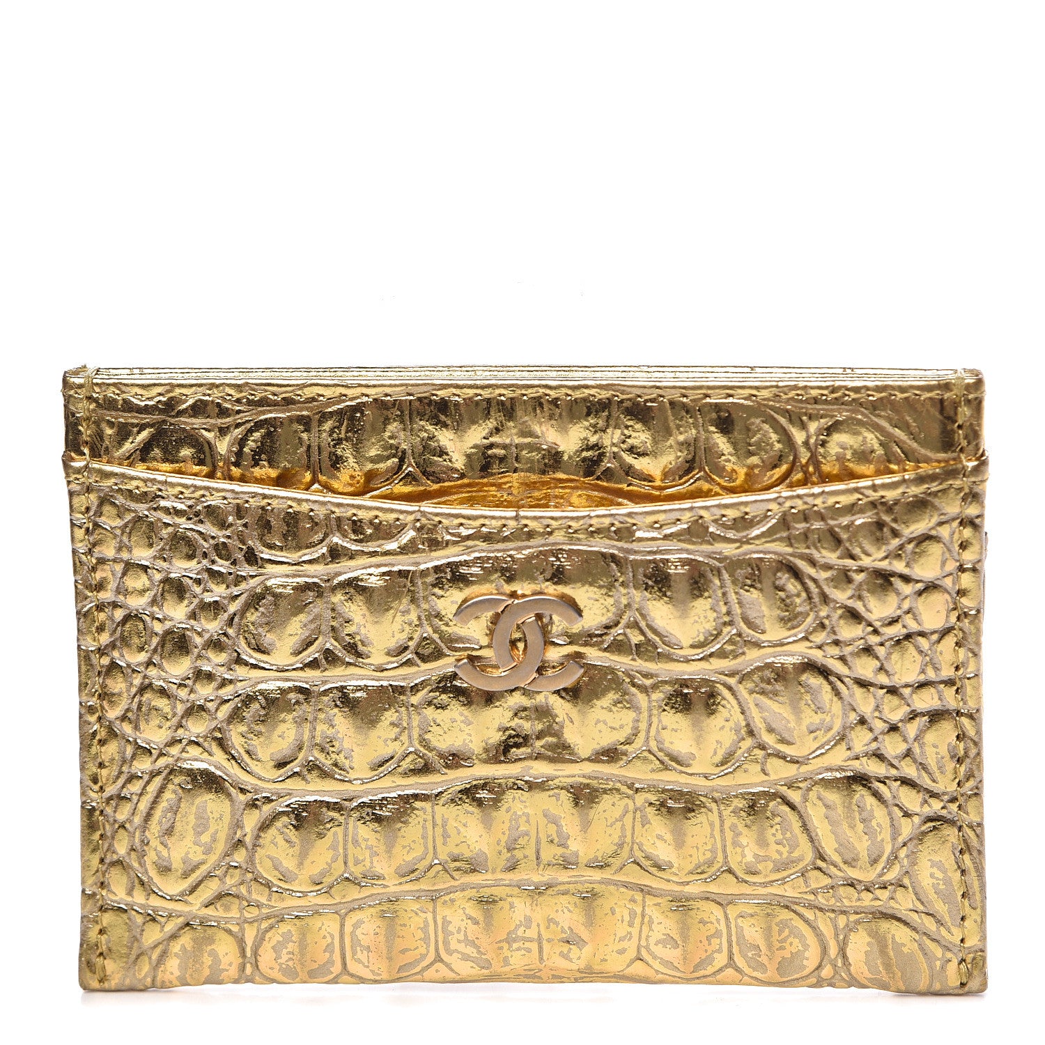 Chanel Metallic Calfskin Crocodile Embossed Cocodile Card Holder Gold 1 of 9