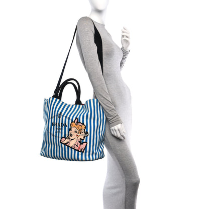 Prada Canvas Striped Comic Shopping Tote Blue White 2 of 10