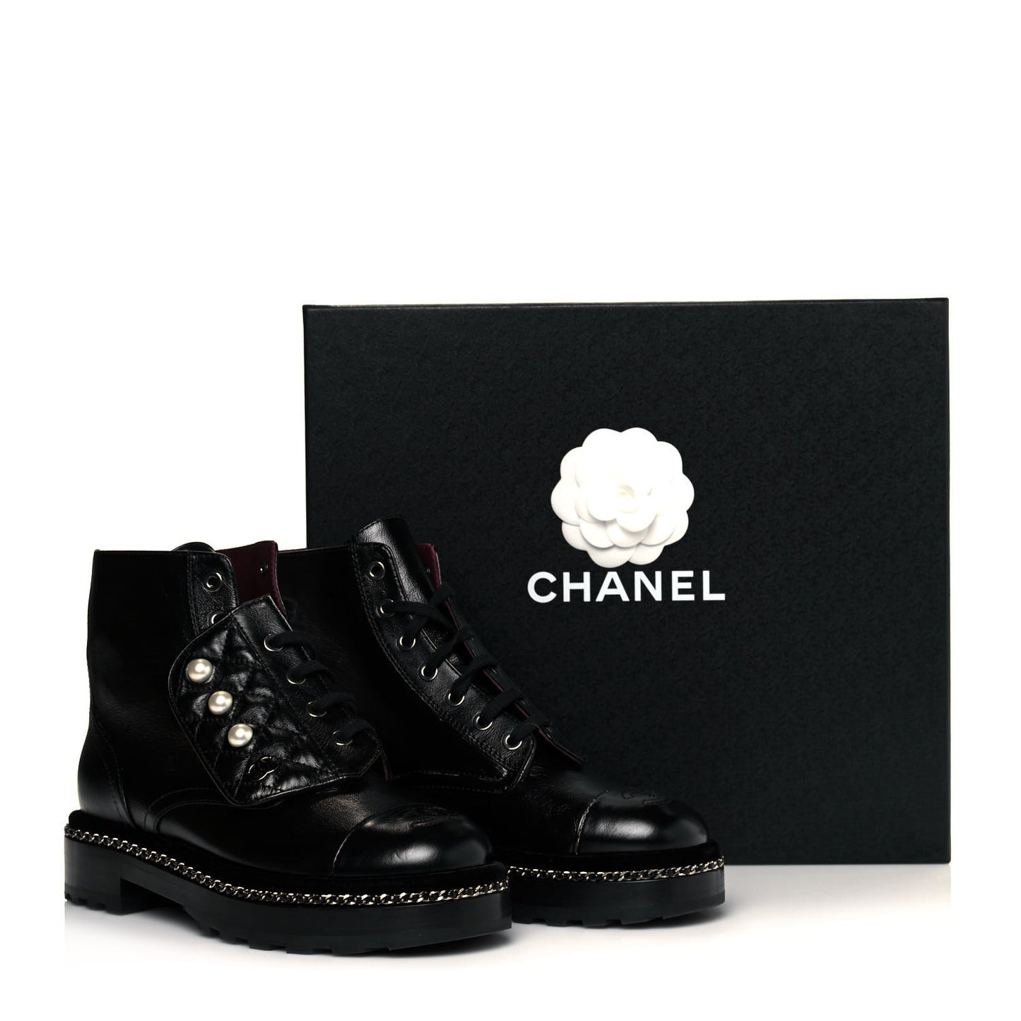 Crackled Calfskin Velvet Pearl Combat Short Boots 36.5 Black