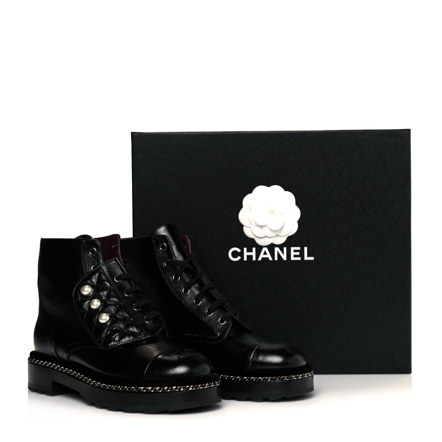 Chanel Crackled Calfskin Velvet Pearl Combat Short Boots 36.5 Black 7 of 7