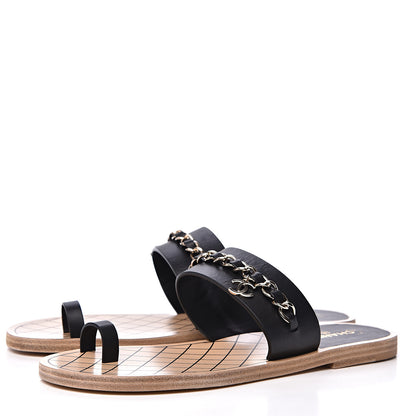 Chanel Calfskin Chain CC Logo Toe Ring Sandals 39 Black 3 of 9