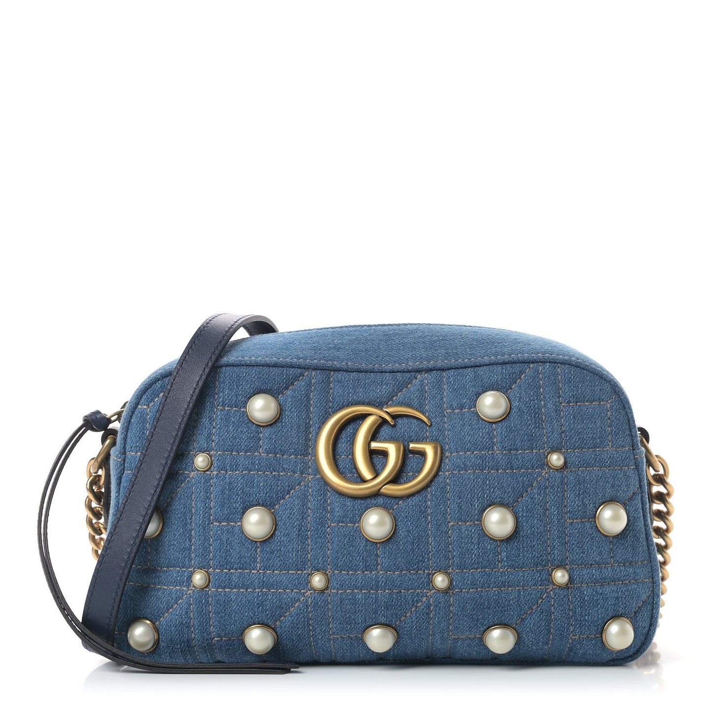 Denim Matelasse Pearl Studded Small GG Marmont Chain Shoulder Bag Blue