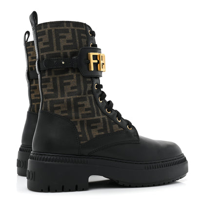 Fendi Vitello Fabric Jacquard FF Fendigraphy 50mm Biker Boots 42 Black Tobacco 5 of 13
