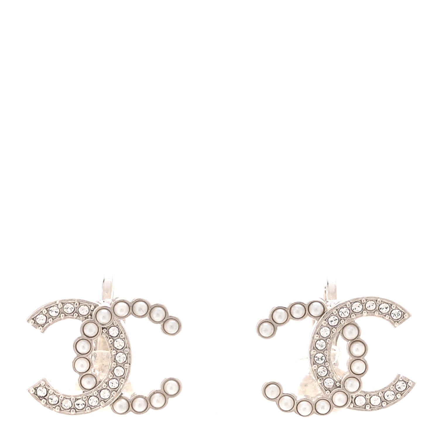 Chanel Crystal Pearl CC Clip On Earrings Silver 1 of 5