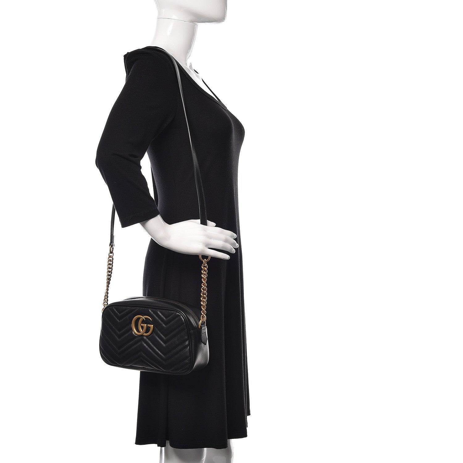 Gucci Calfskin Matelasse Small GG Marmont Chain Shoulder Bag Black 2 of 10