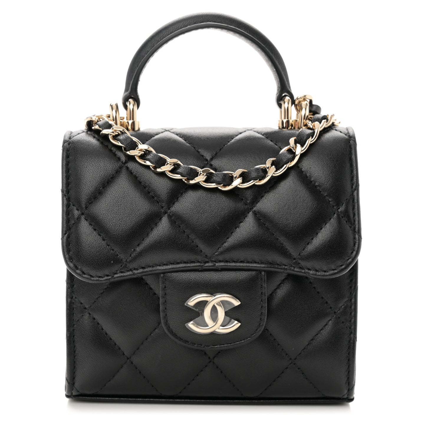 Lambskin Quilted Top Handle Flap Clutch With Chain Black