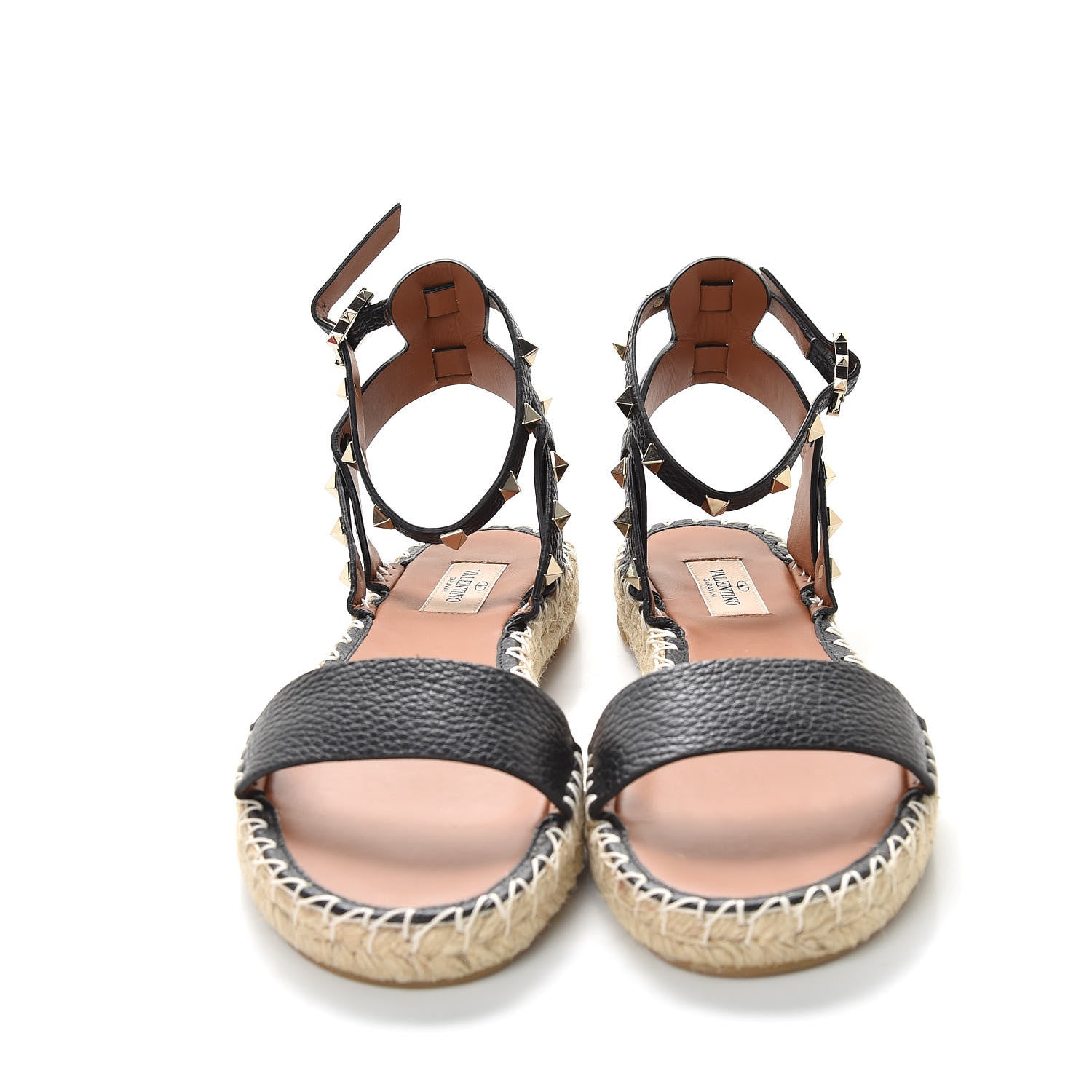 Valentino Garavani Grained Calfskin Rockstud Ankle Strap Espadrille Flat Sandals 40 Black 3 of 10