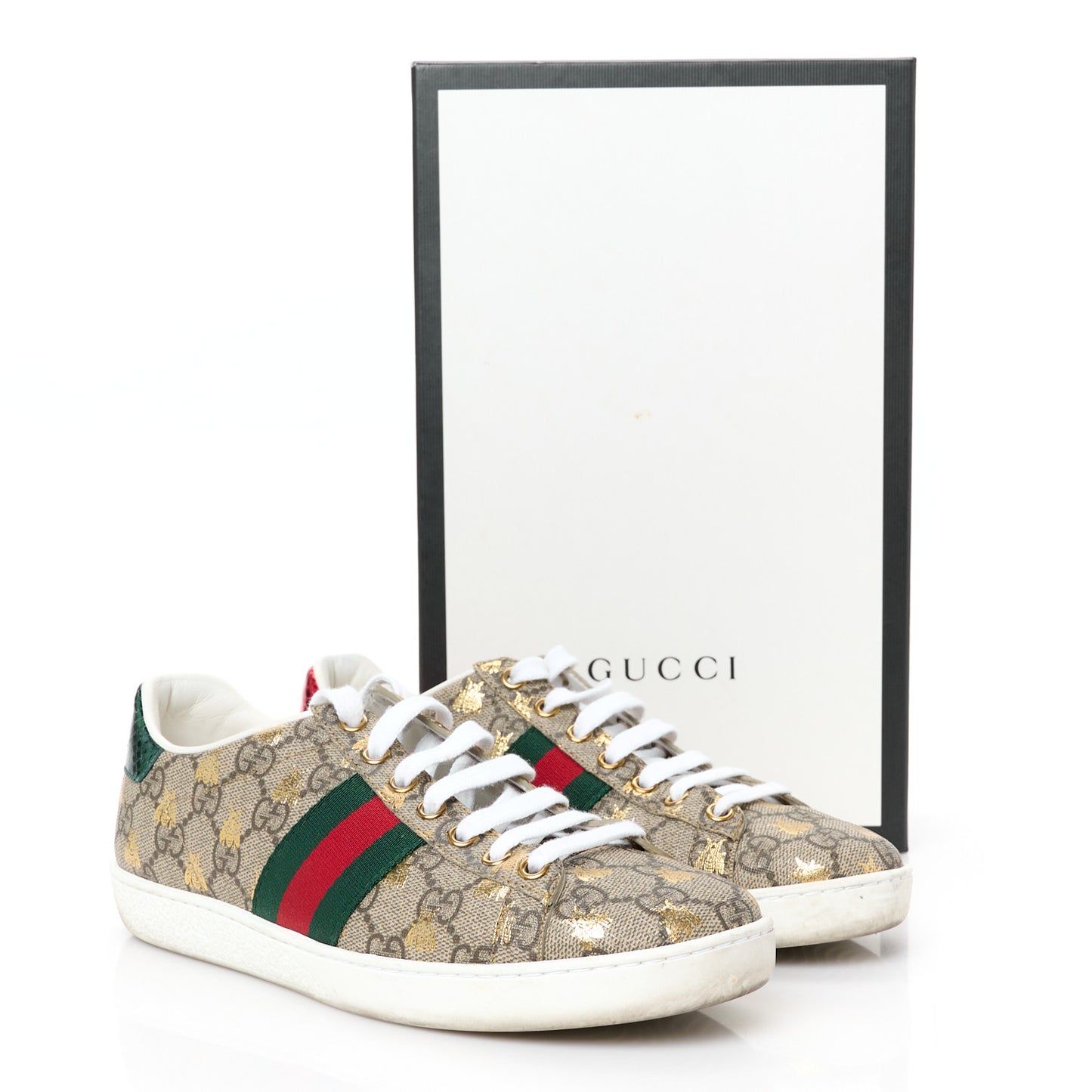 GG Supreme Monogram Bees Ayers Web Womens Ace Sneakers 37 Beige Oro Green Red