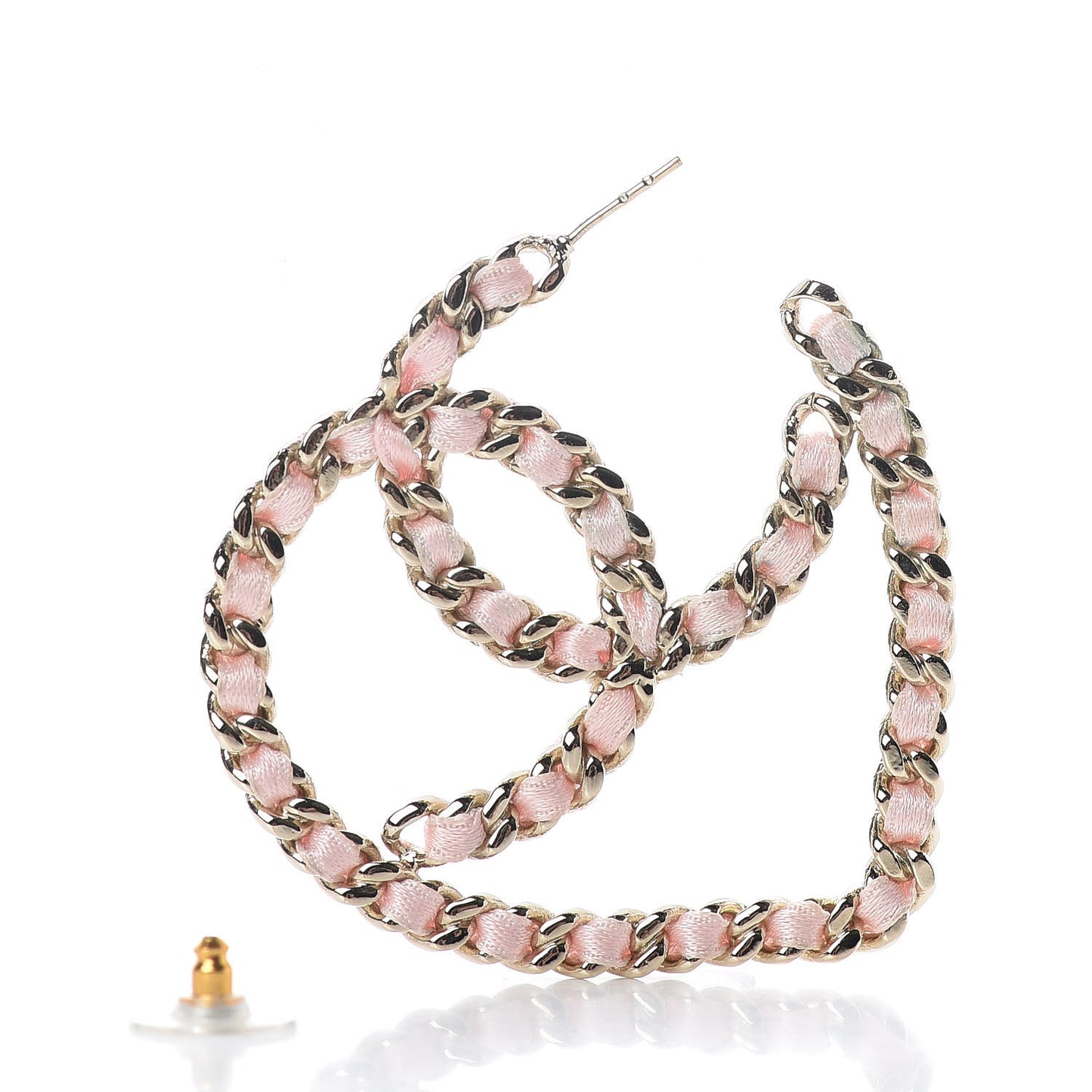 Satin Ribbon CC Heart Chain Earrings Pink