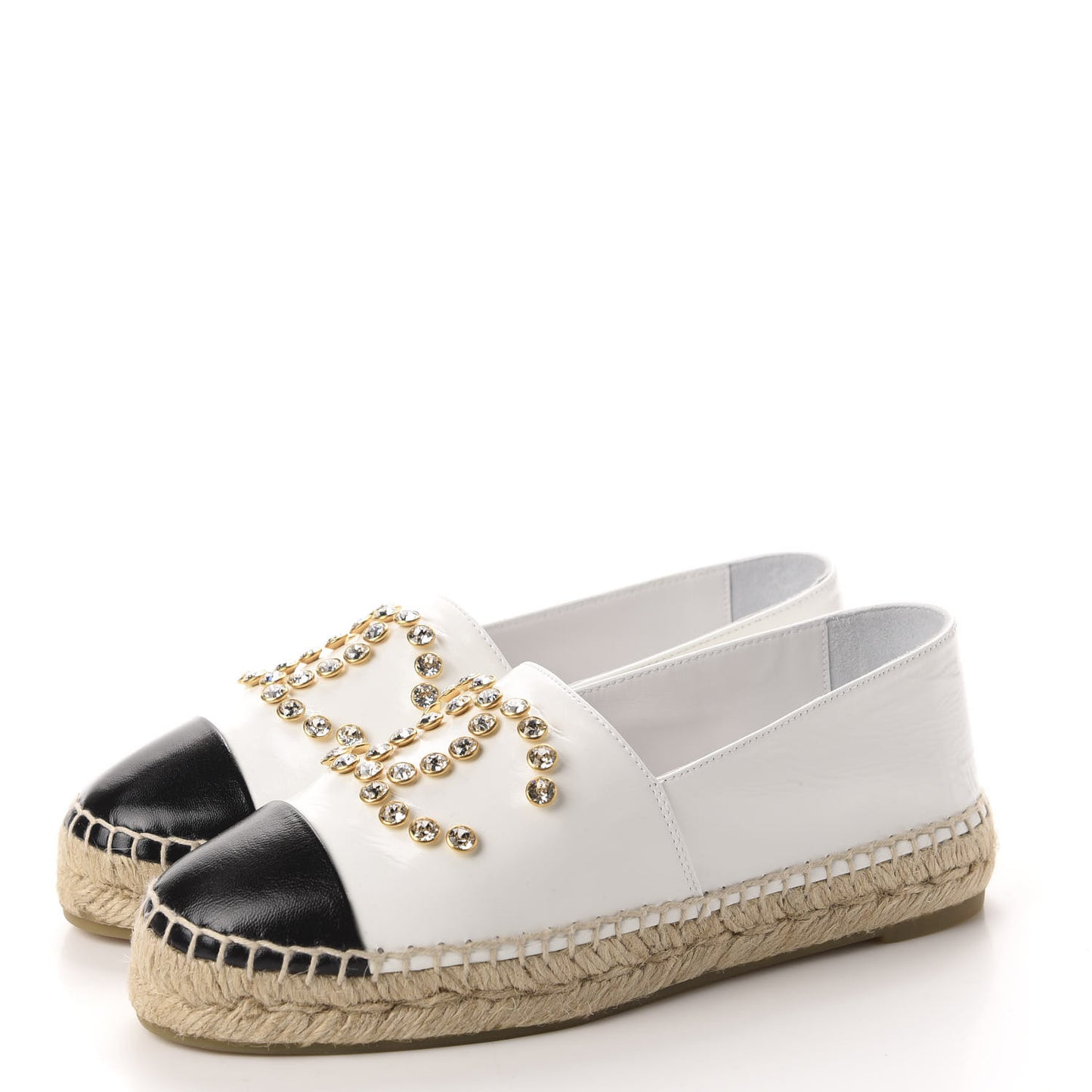 Patent Calfskin Crystal CC Espadrilles 36 White Black